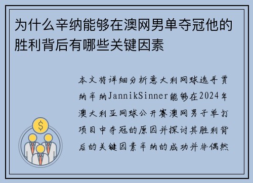 为什么辛纳能够在澳网男单夺冠他的胜利背后有哪些关键因素 为什么辛纳能够在澳网男单夺冠他的胜利背后有哪些关键因素